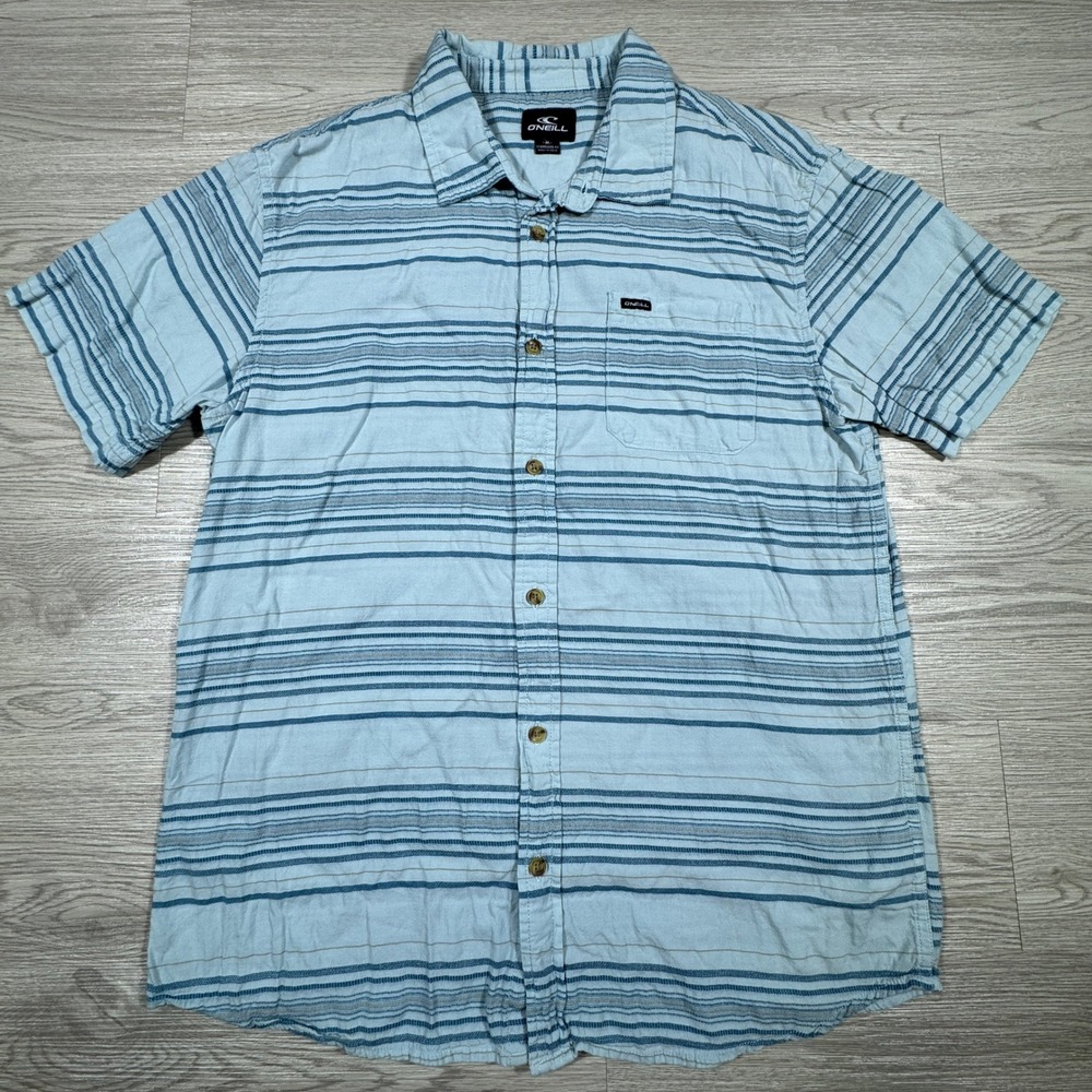 O'Neill Men's Button Down Shirt Striped Light Blue Medium Short Sleeve Cotton